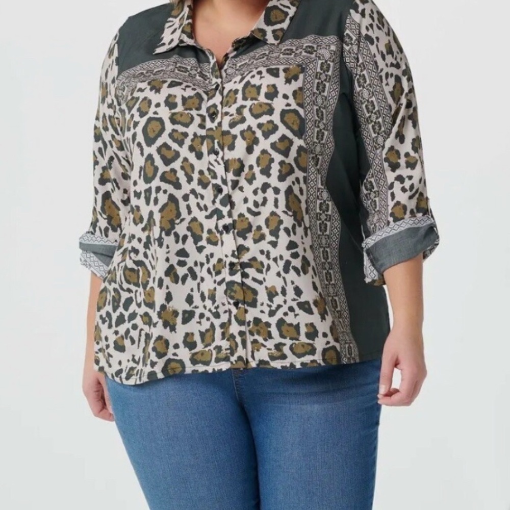 Tolani Collection Leopard Print Button-Up Blouse